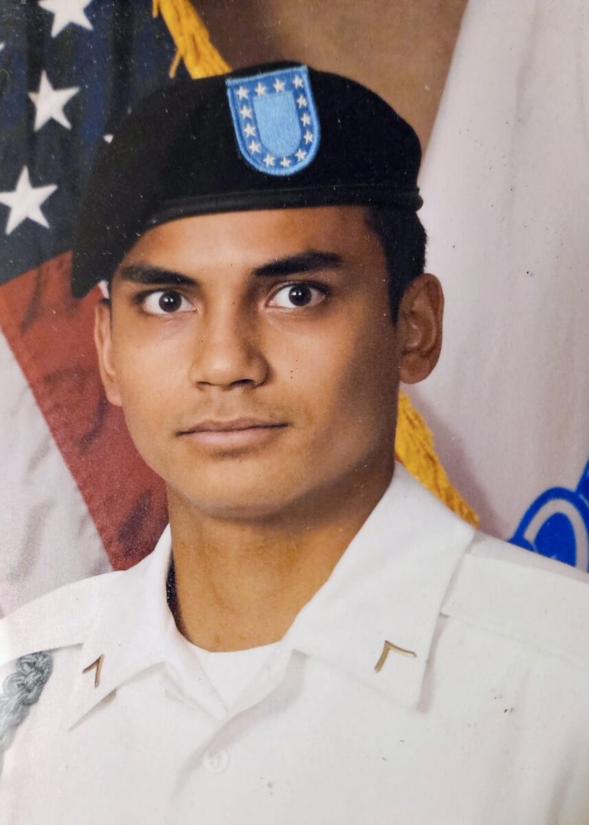 A customer in U.S. Army dress uniform.