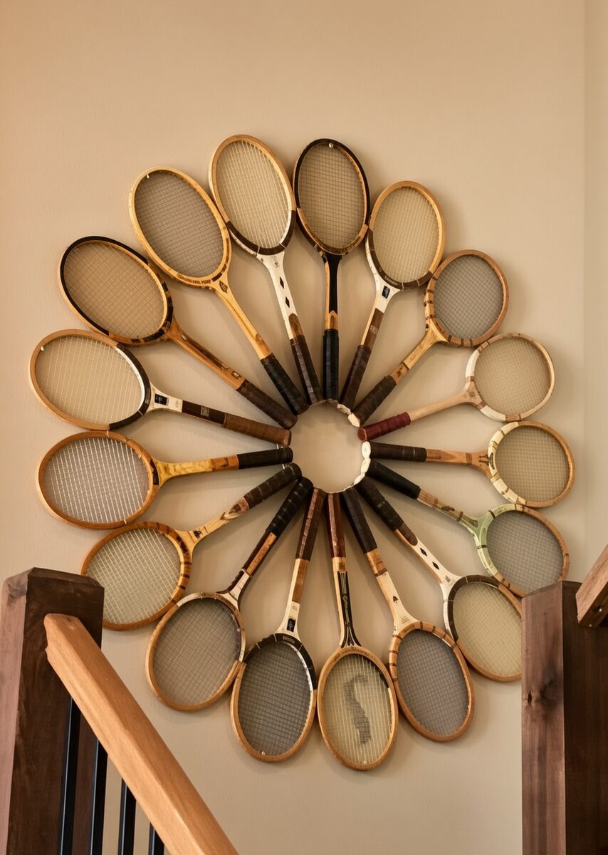 Vintage wooden racquets arranged in a sunburst on a wall.
