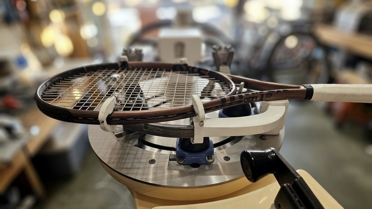 A racquet clamped in Al's stringing machine